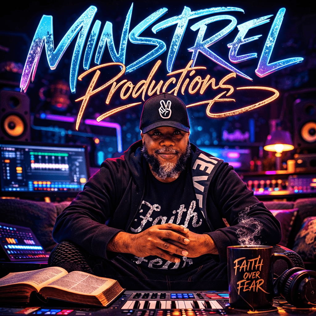 Minstrel Productions founder seated in a neon-lit music studio